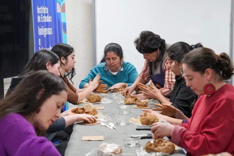 Funcionarias y funcionarios de la UFRO participando en taller de formación sobre cultura y tradiciones mapuche.